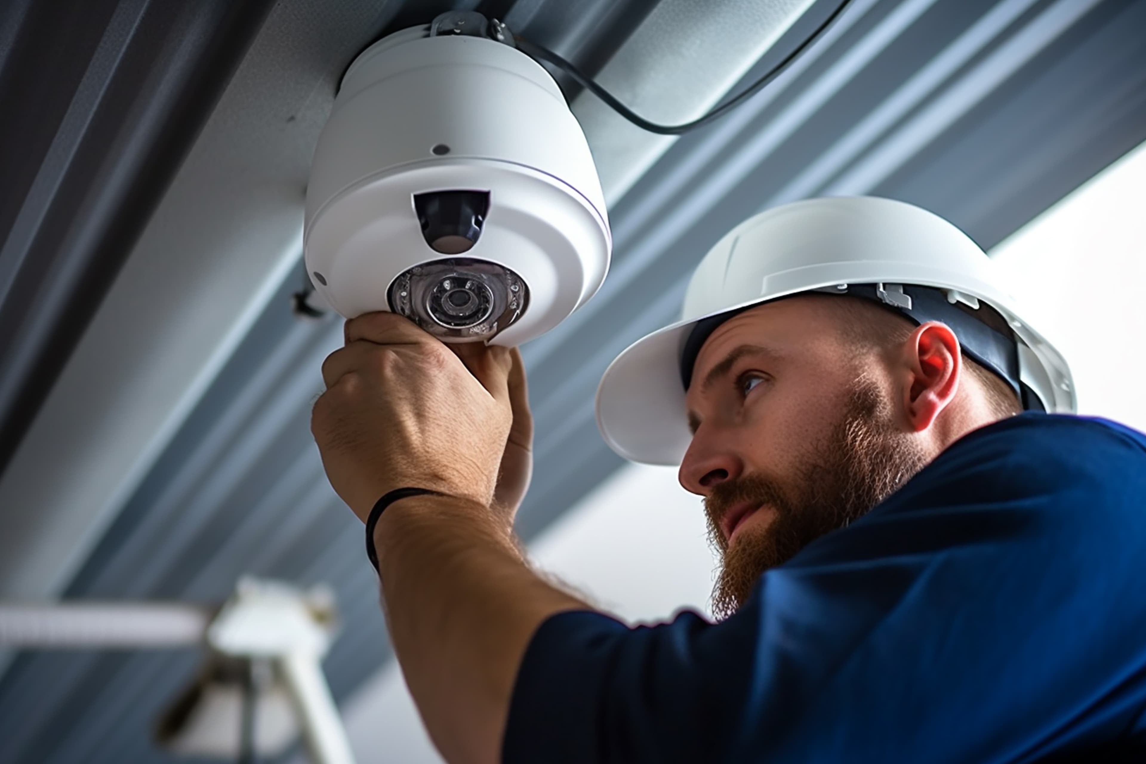 Technician installing dome security camera on commercial ceiling